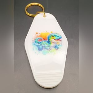 Motel Keychain Custom Retro Styled White Blue Cute Swimming Dinosaur Keyring